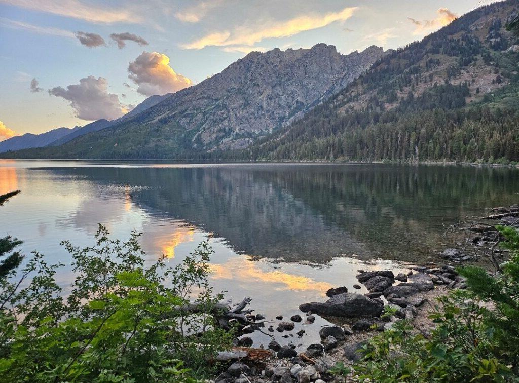 photo of water with mountains and sky in background with rocks and foliage along shore in foreground